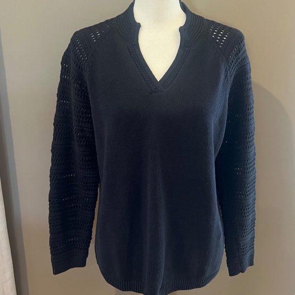 Talbots Women's Petite Black Crochet Split Neck Sweater, Size Large - Picture 1 of 9